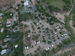 aerial view of rv campground and amenities